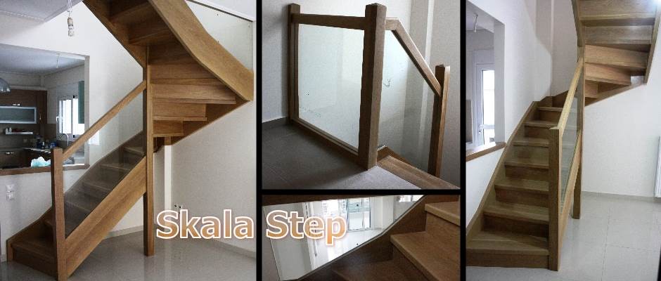 Μοντέρνες κατασκευές ποιότητας σε εσωτερικές σκάλες σπιτιών. συνδυασμός ξύλου δρυ με γυαλί ασφαλείας σε γωνιακή εναέρια σκάλα οικίας.